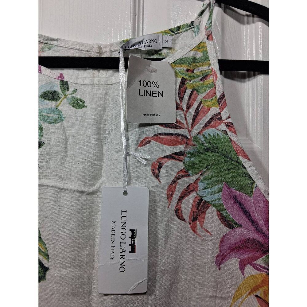 Lungo l'arno womens small shift dress 100% Italian linen white green floral - Picture 2 of 9